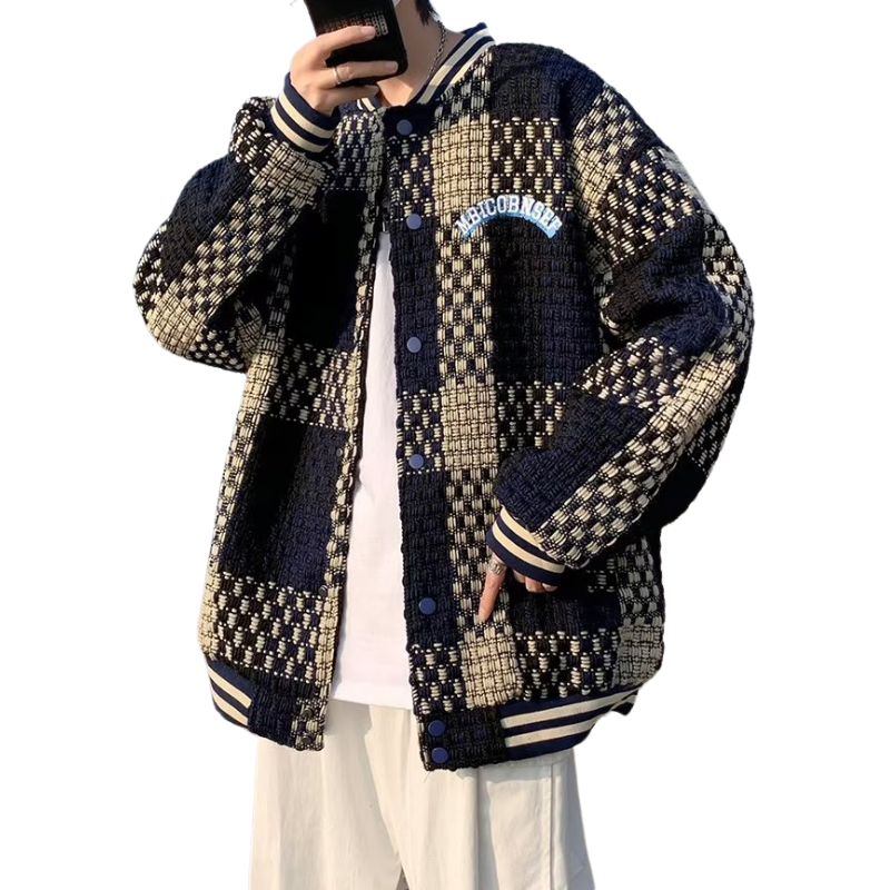 Street Oversize Woven Plaid Varsity Jacket