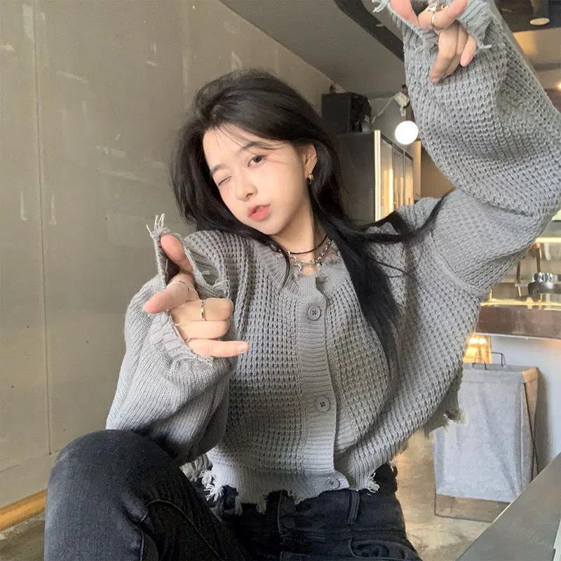 Women Ripped Cropped Knit Cardigan