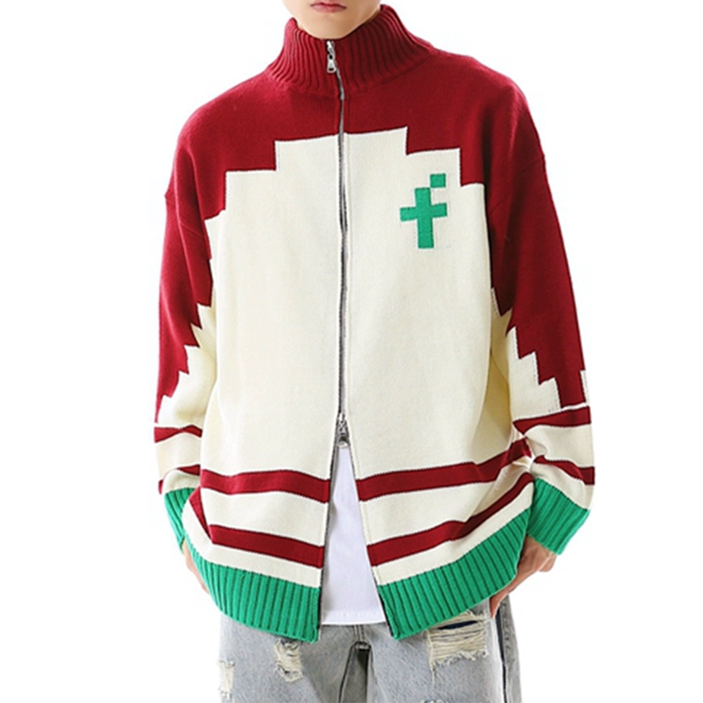 Double-ended Zipper Red Flower Sweater