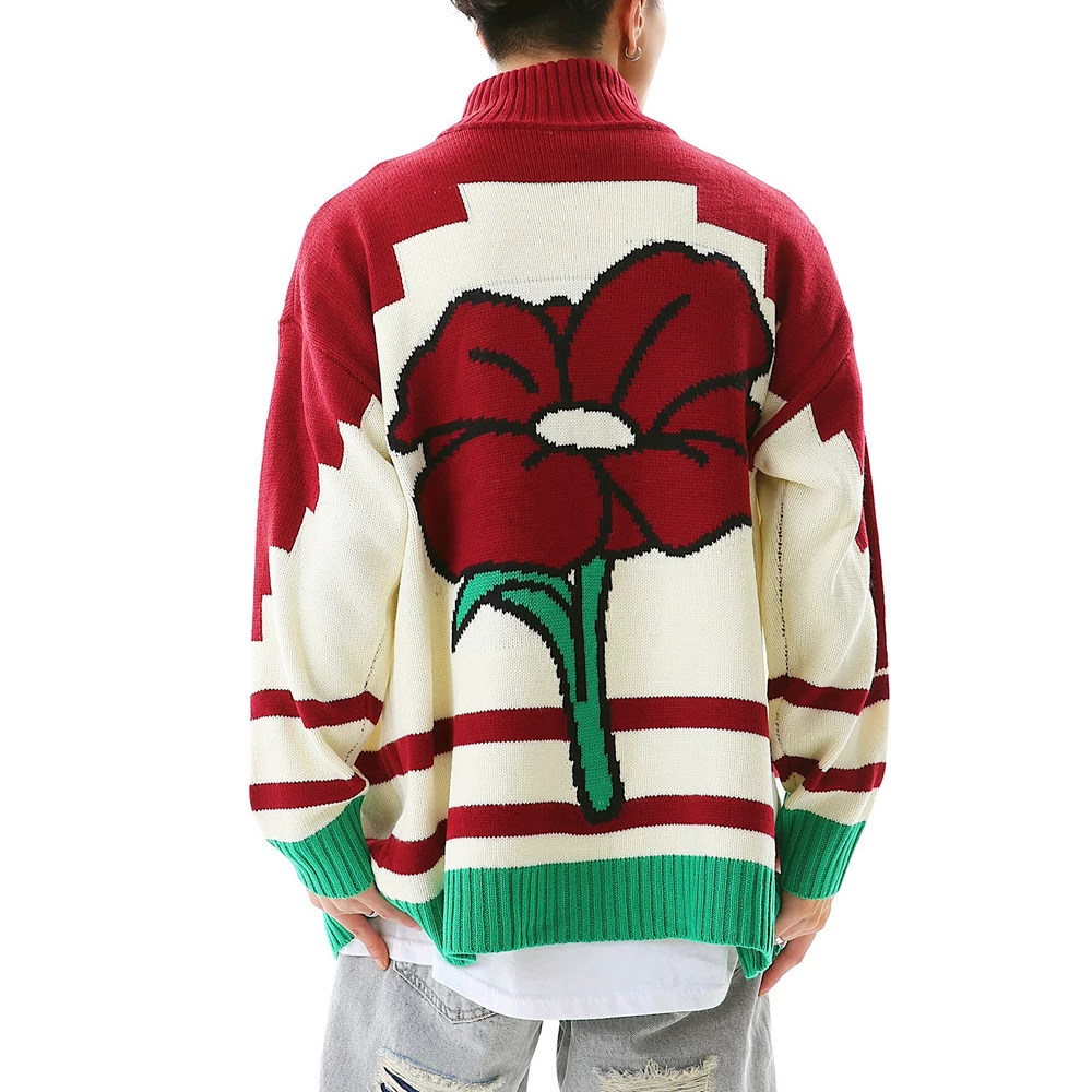 Double-ended Zipper Red Flower Sweater