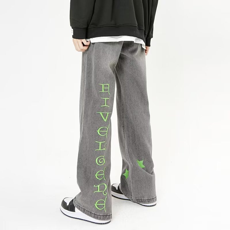 Green Star Embroidery Straight Jeans