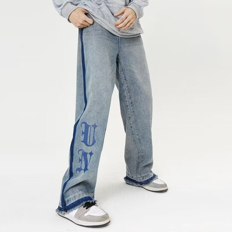 Vintage Letter Embroidery Straight Leg Jeans