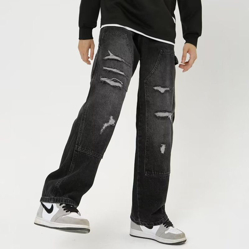 City Black Ripped Straight Jeans
