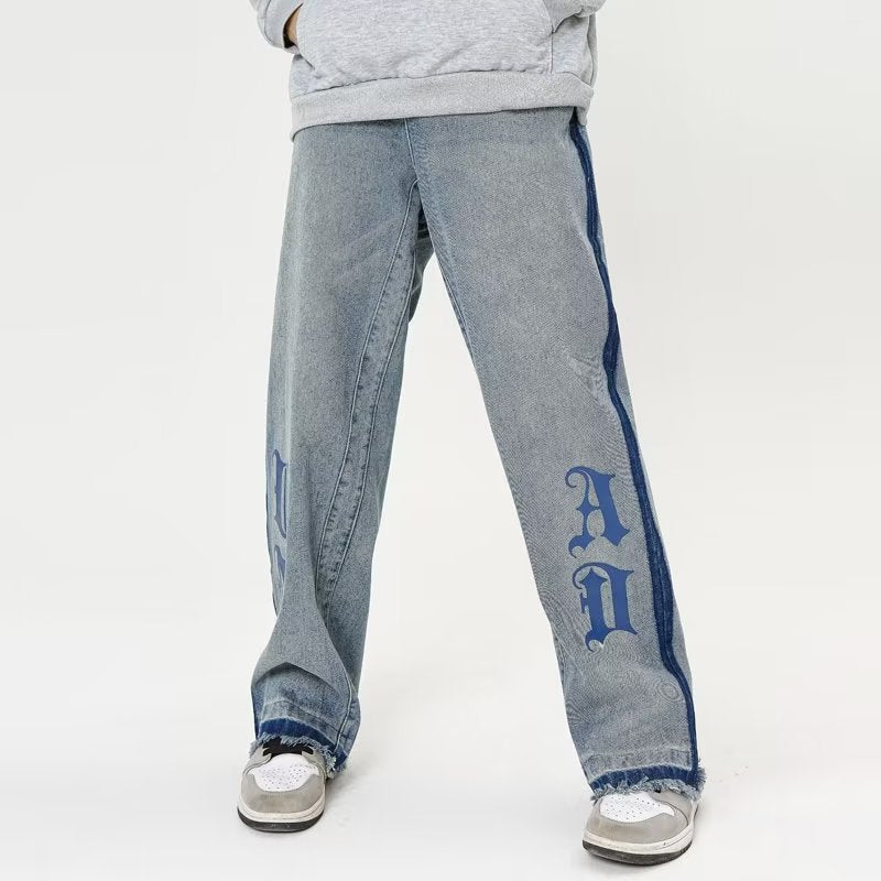 Vintage Letter Embroidery Straight Leg Jeans