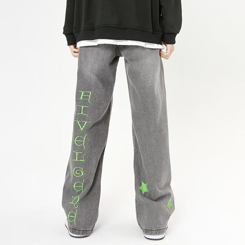 Green Star Embroidery Straight Jeans