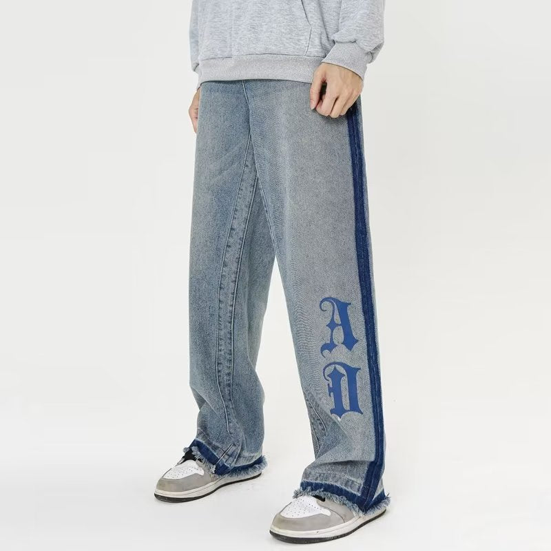 Vintage Letter Embroidery Straight Leg Jeans