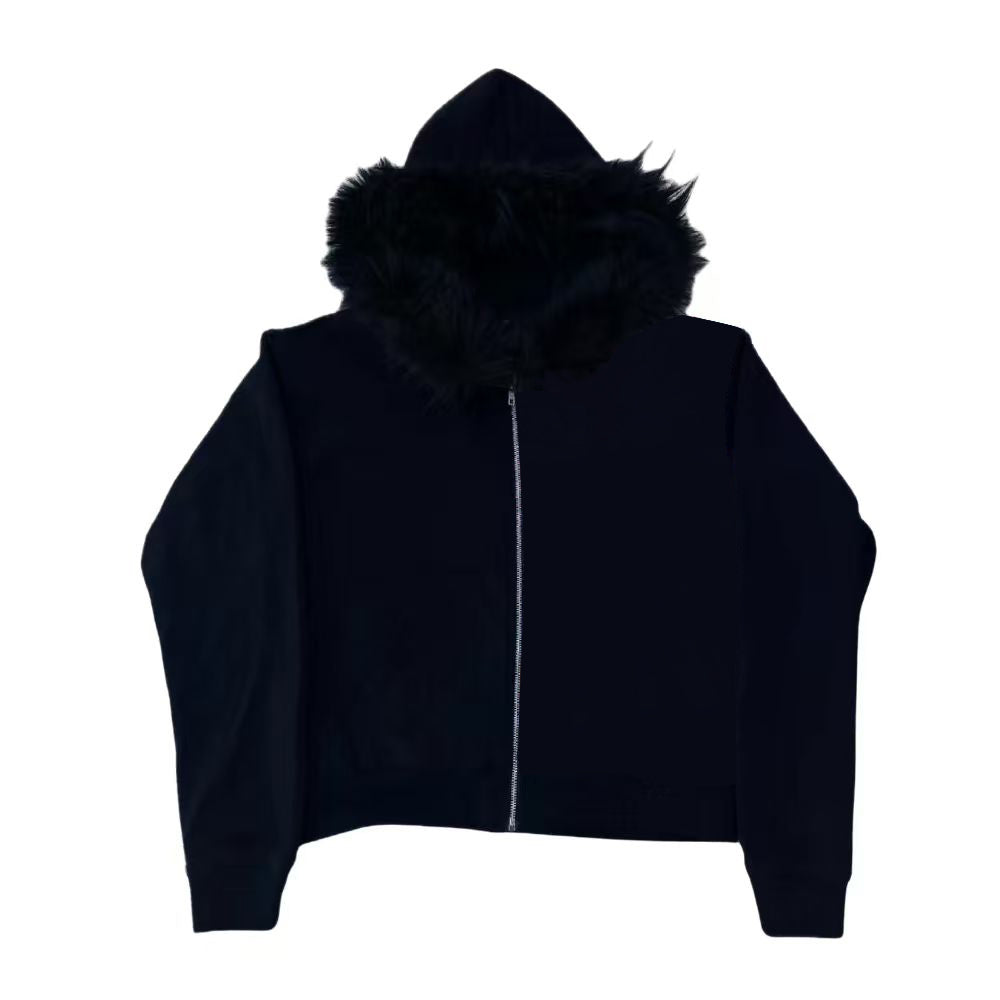 Unseen Echoes Noir Fur Zip Hoodie