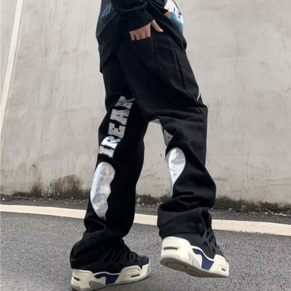 DF| Shiny Heart Letter Patch Jeans