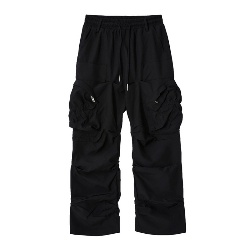 Street Solid Color Pleated Cargo Pants