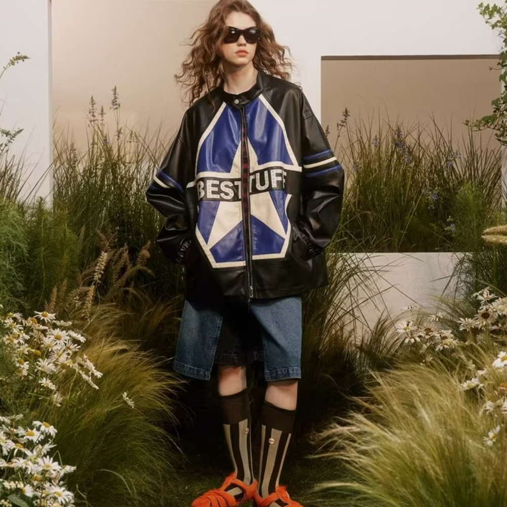 High Street Color Contrast Panel Leather Jacket