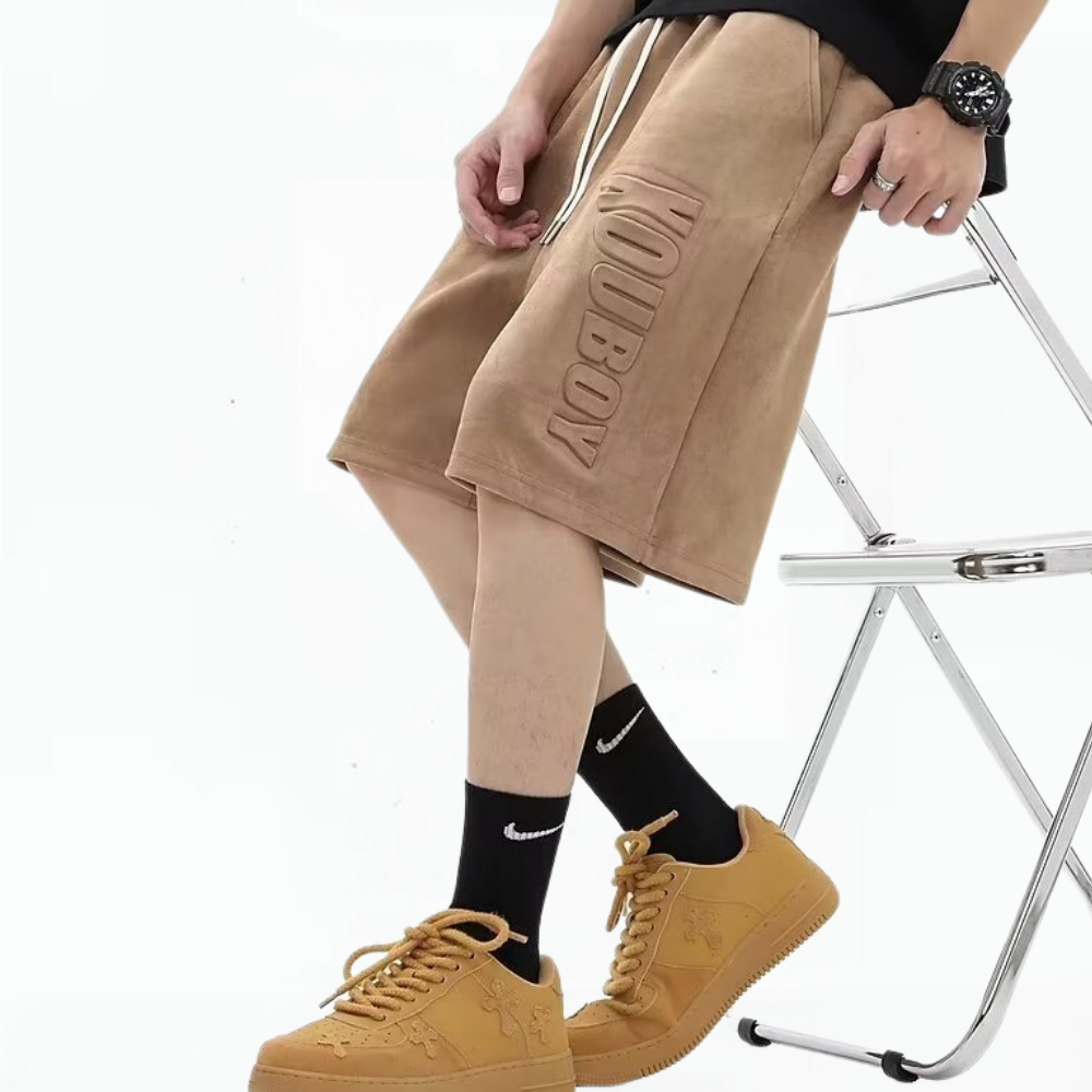 Retro Letter Embossed Suede Shorts