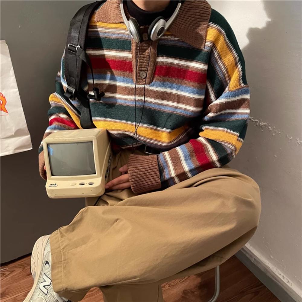 Vintage Colorful Striped Polo Sweater