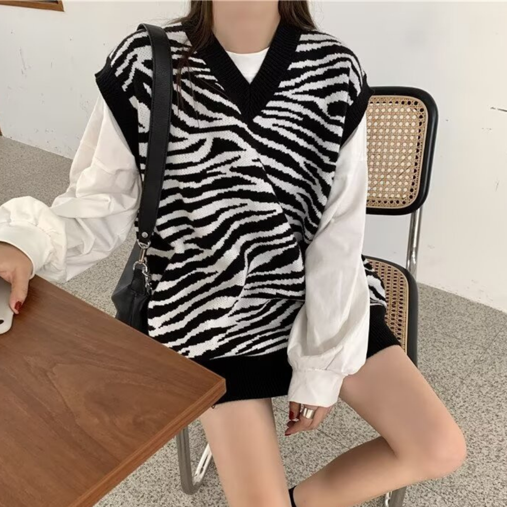 Oversized zebra print knitted vest