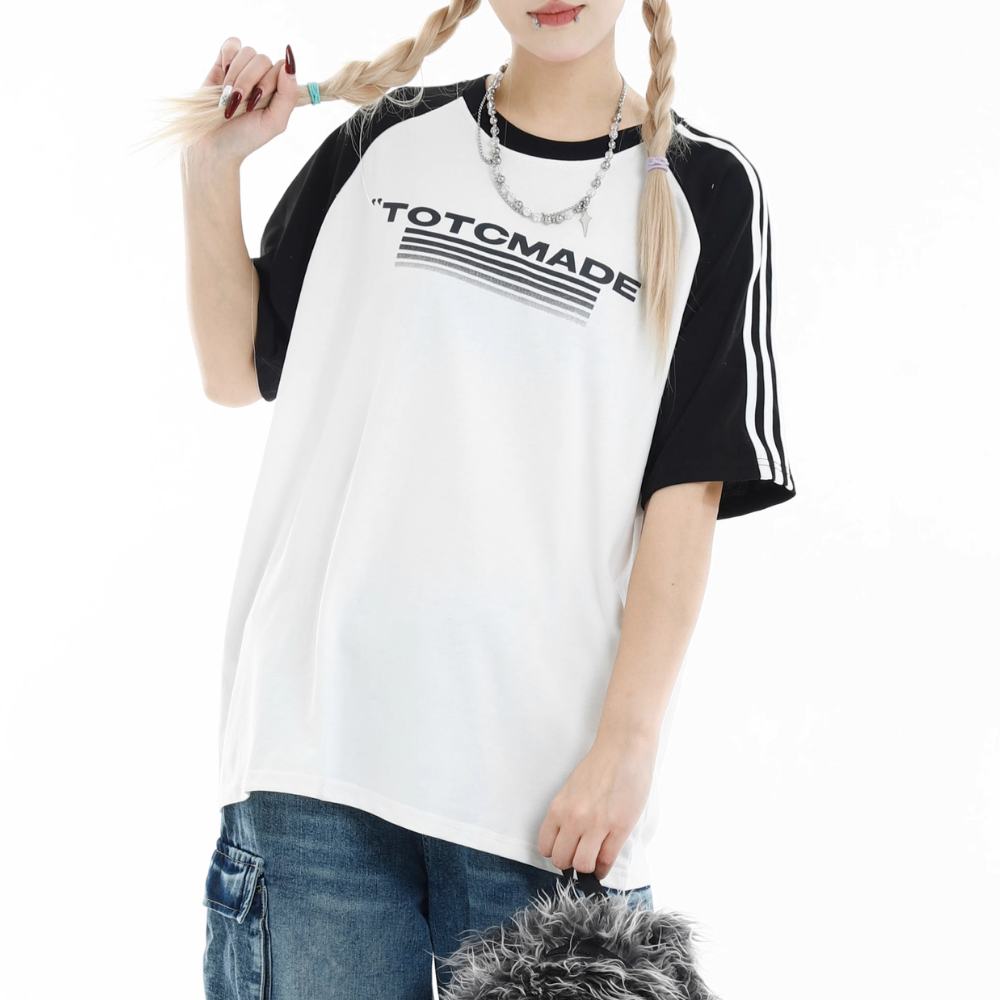 Retro EmbroideRed Colorblock Striped T-shirt