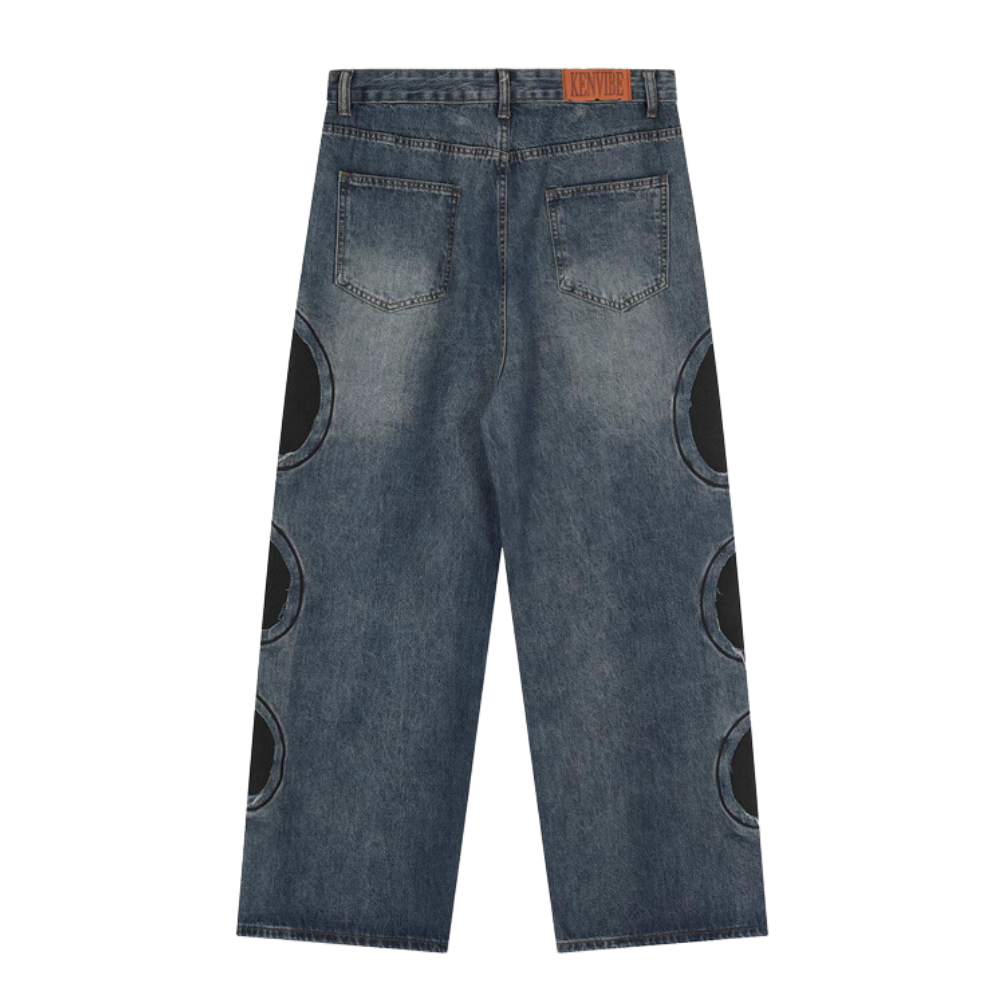Retro Circle Patch Wide Leg Jeans