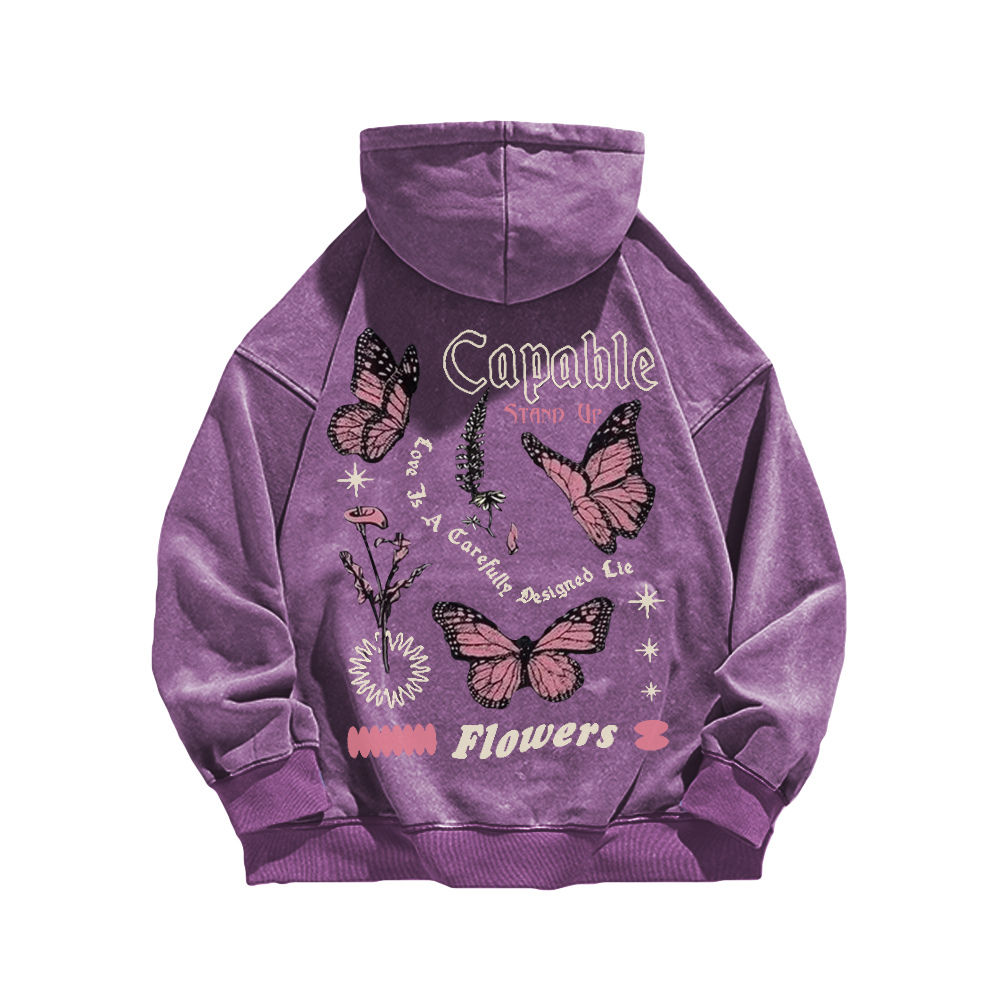 Retro Butterfly Letters Washed Hoodie