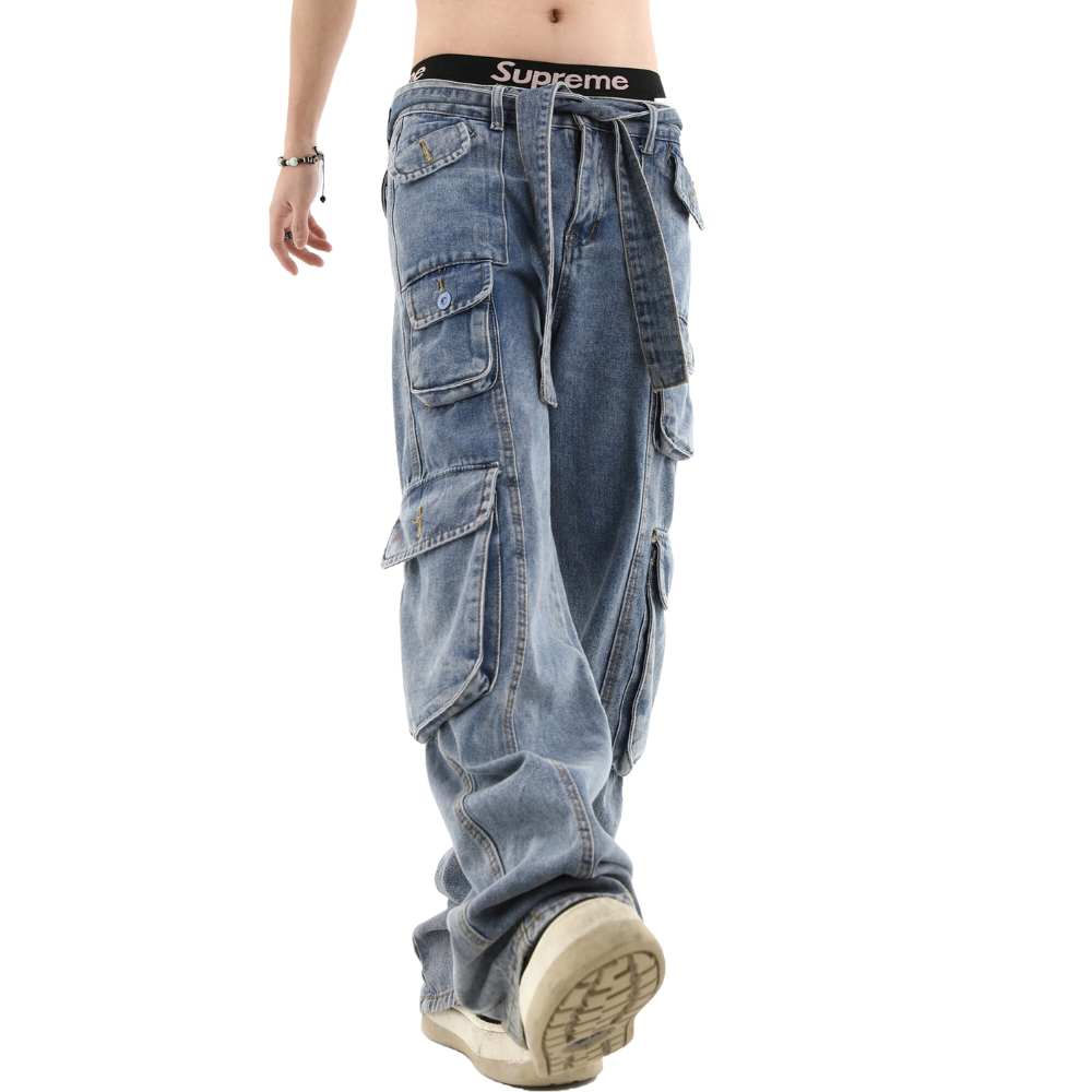 Street Multi Pocket Solid Cargo Jeans