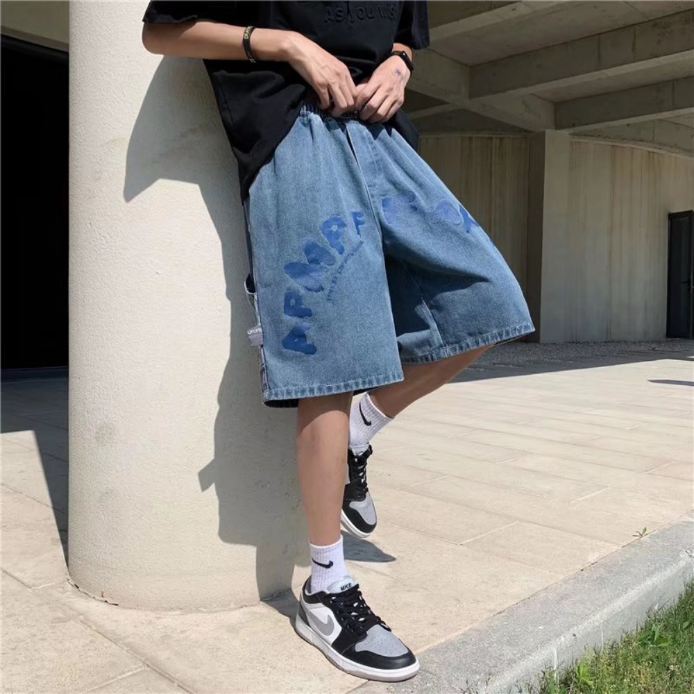 Street Loose Letter Print Denim Shorts