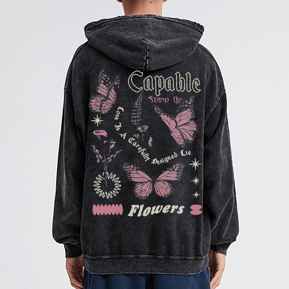 Retro Butterfly Letters Washed Hoodie
