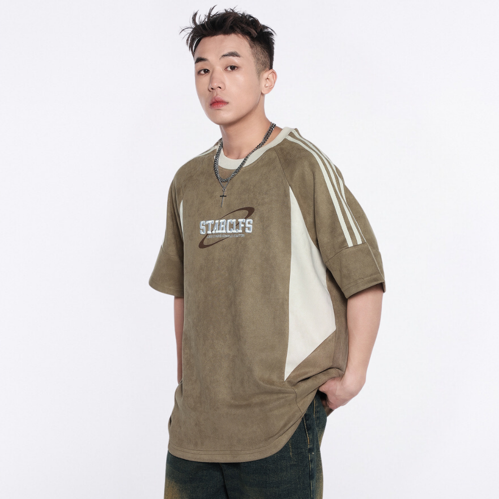 Suede Raglan Lettering Embroidered T-Shirt