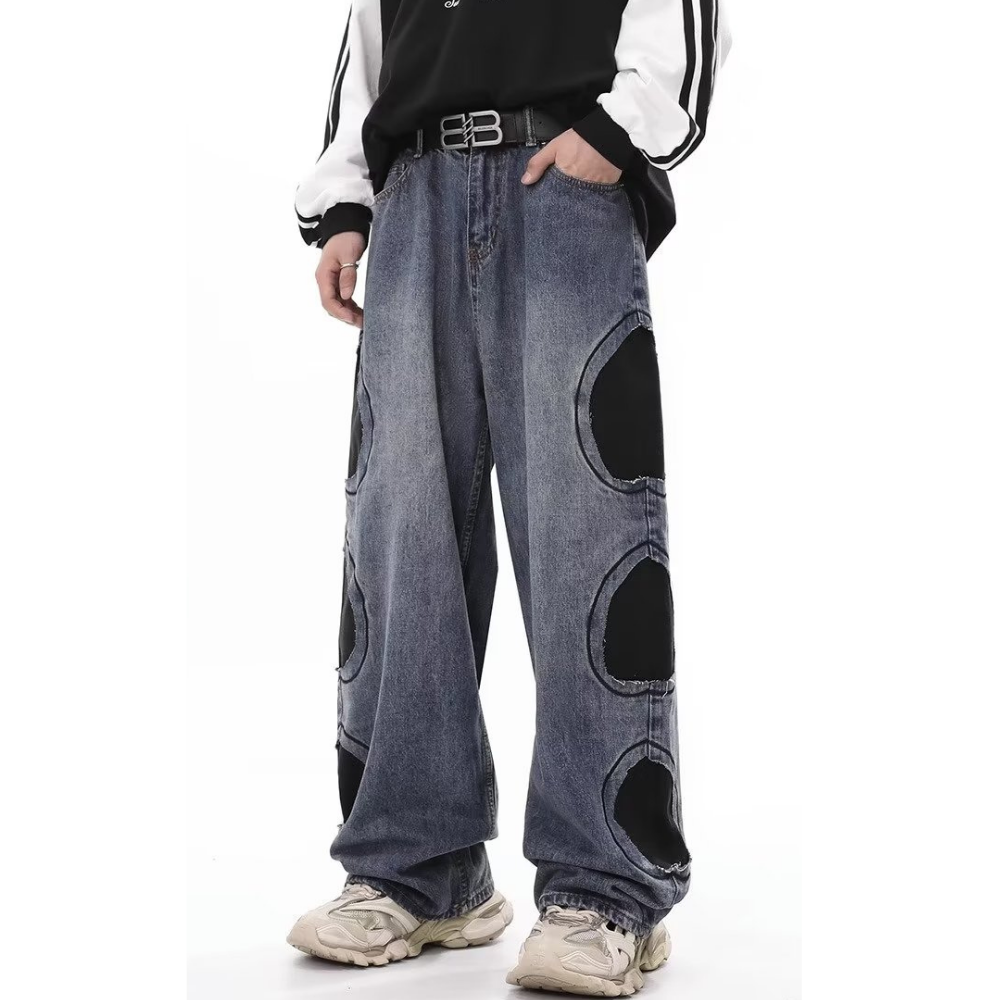 Retro Circle Patch Wide Leg Jeans