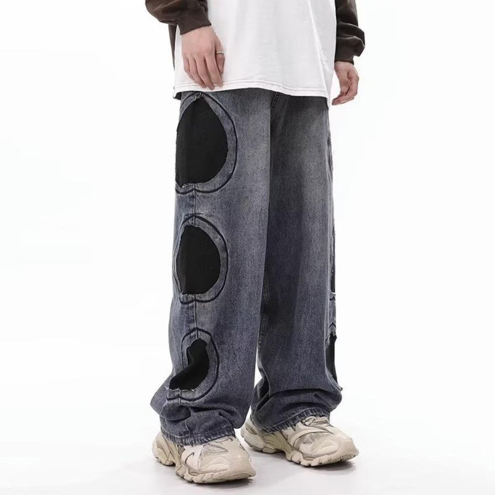 Retro Circle Patch Wide Leg Jeans