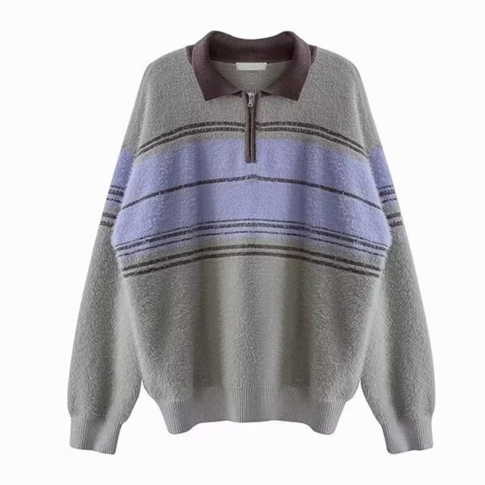 Retro Striped Colorblock Polo Sweater