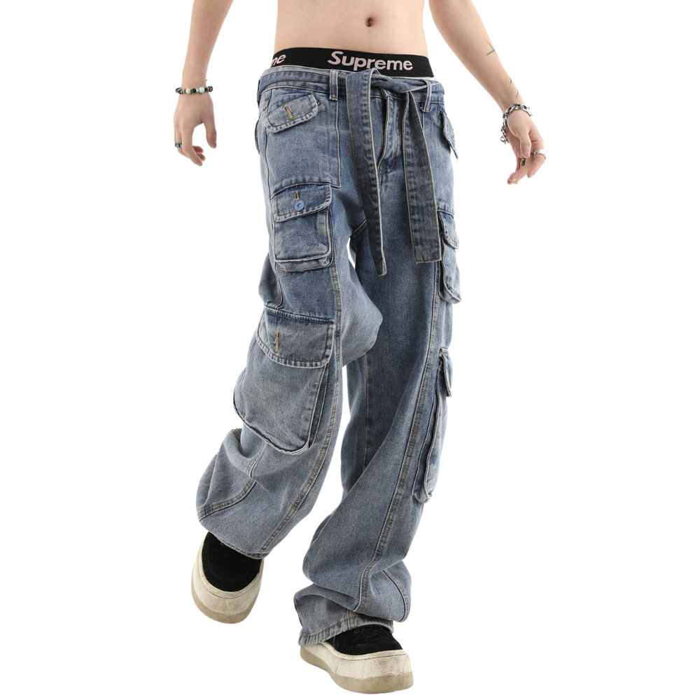 Street Multi Pocket Solid Cargo Jeans