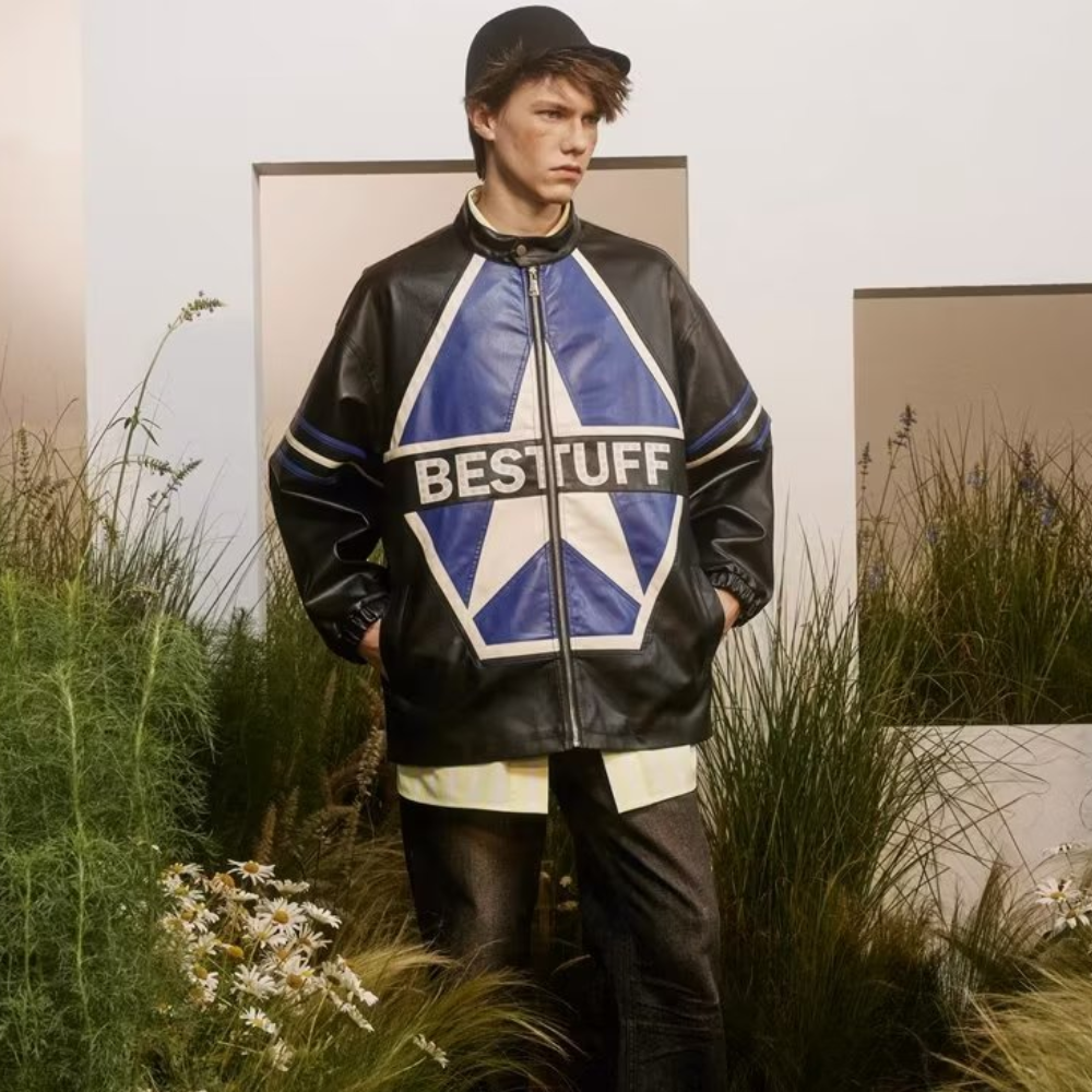 High Street Color Contrast Panel Leather Jacket