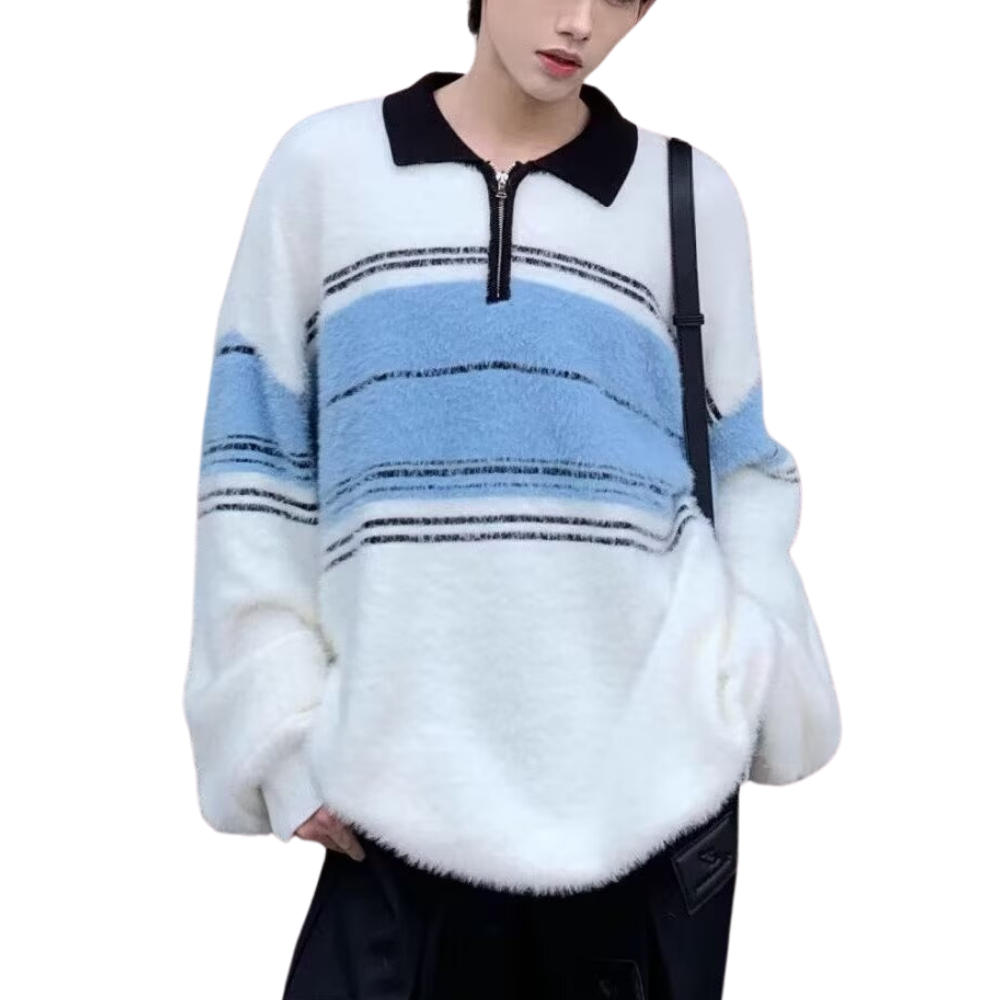 Retro Striped Colorblock Polo Sweater