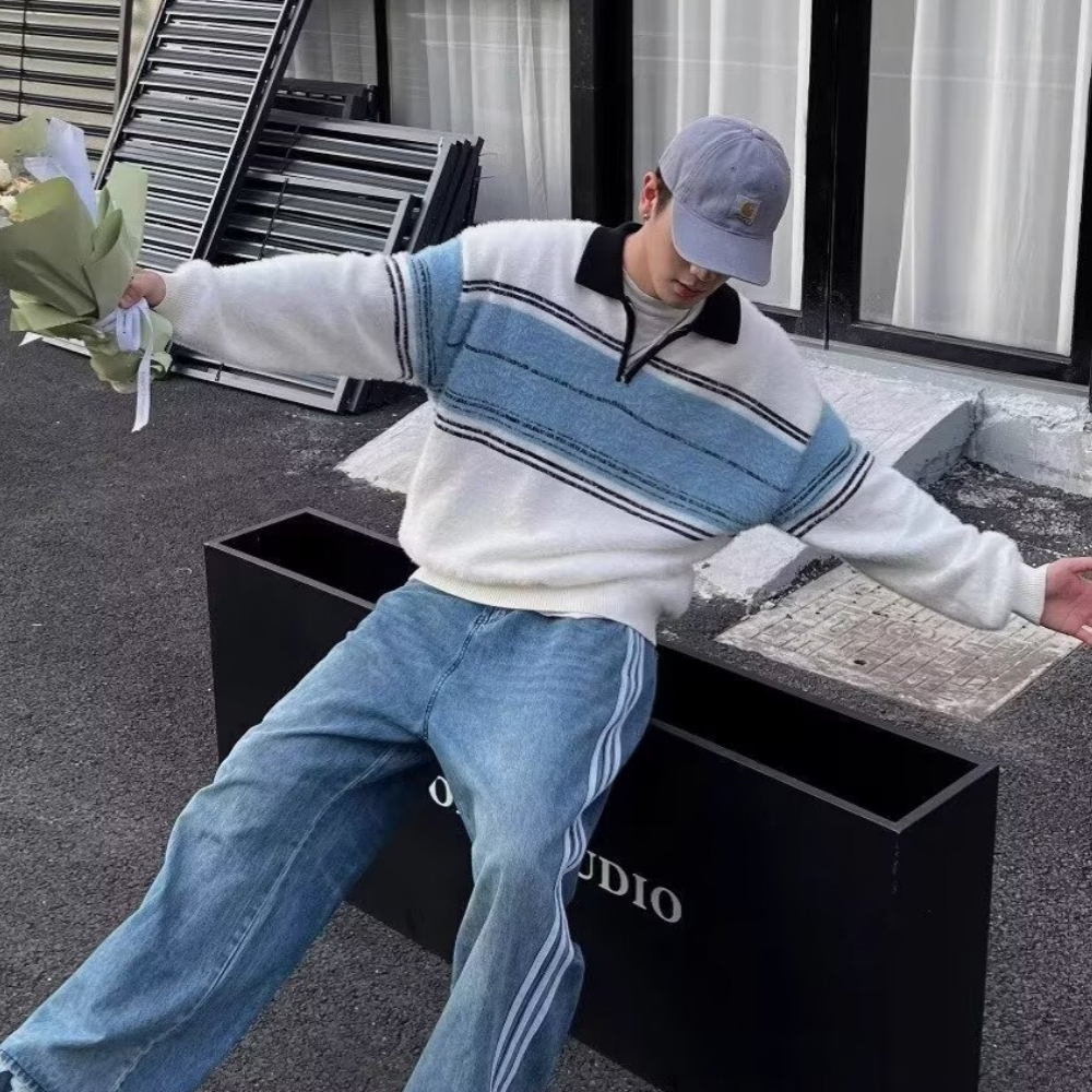 Retro Striped Colorblock Polo Sweater