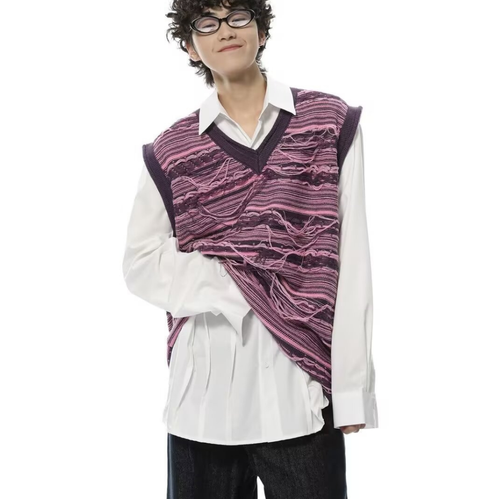 Art V-Neck Fringed Knitted Vest