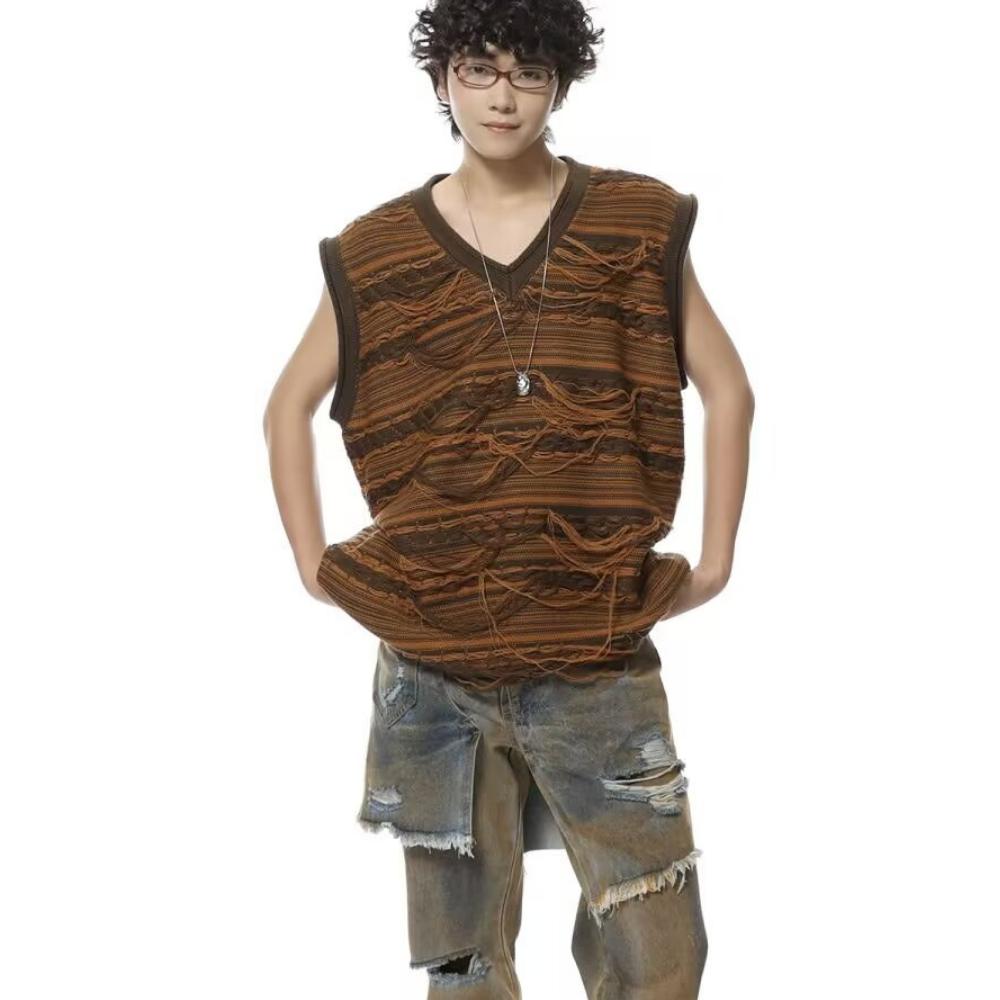 Art V-Neck Fringed Knitted Vest