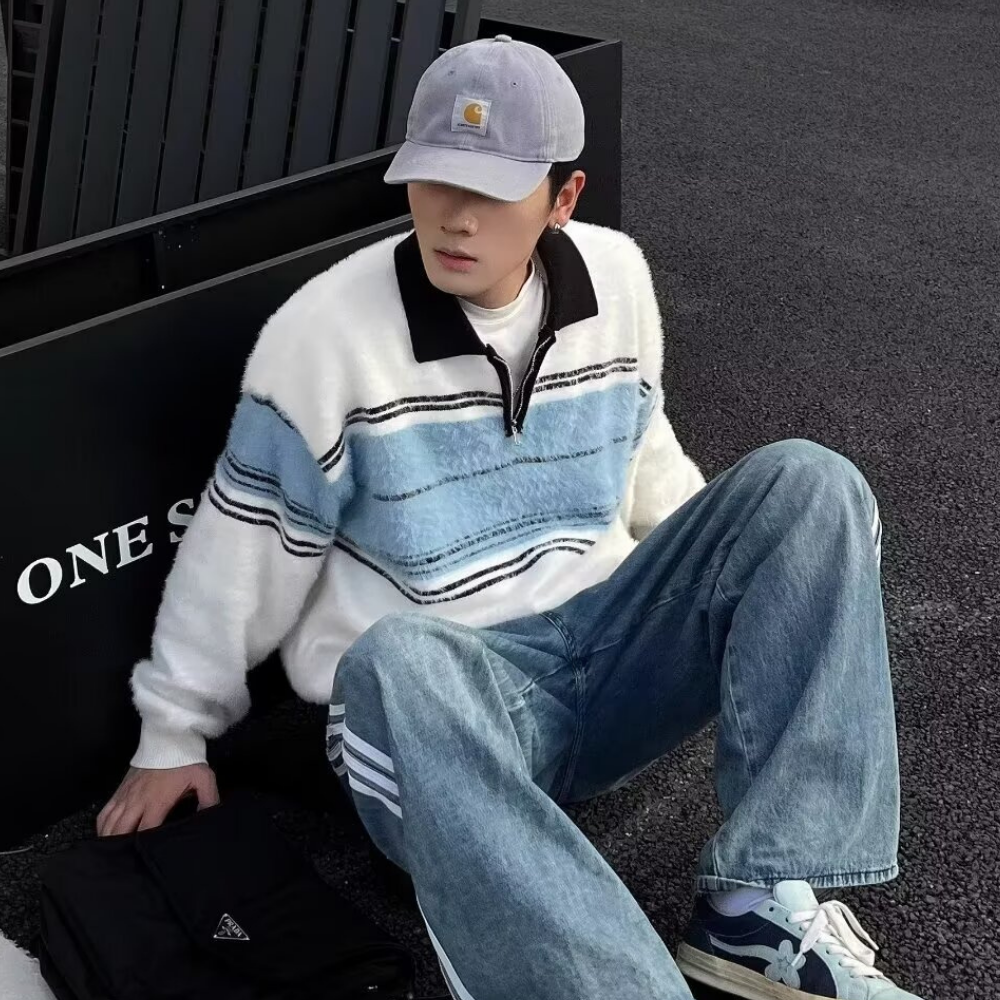 Retro Striped Colorblock Polo Sweater