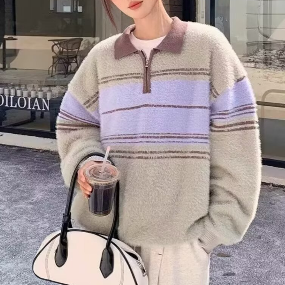 Retro Striped Colorblock Polo Sweater