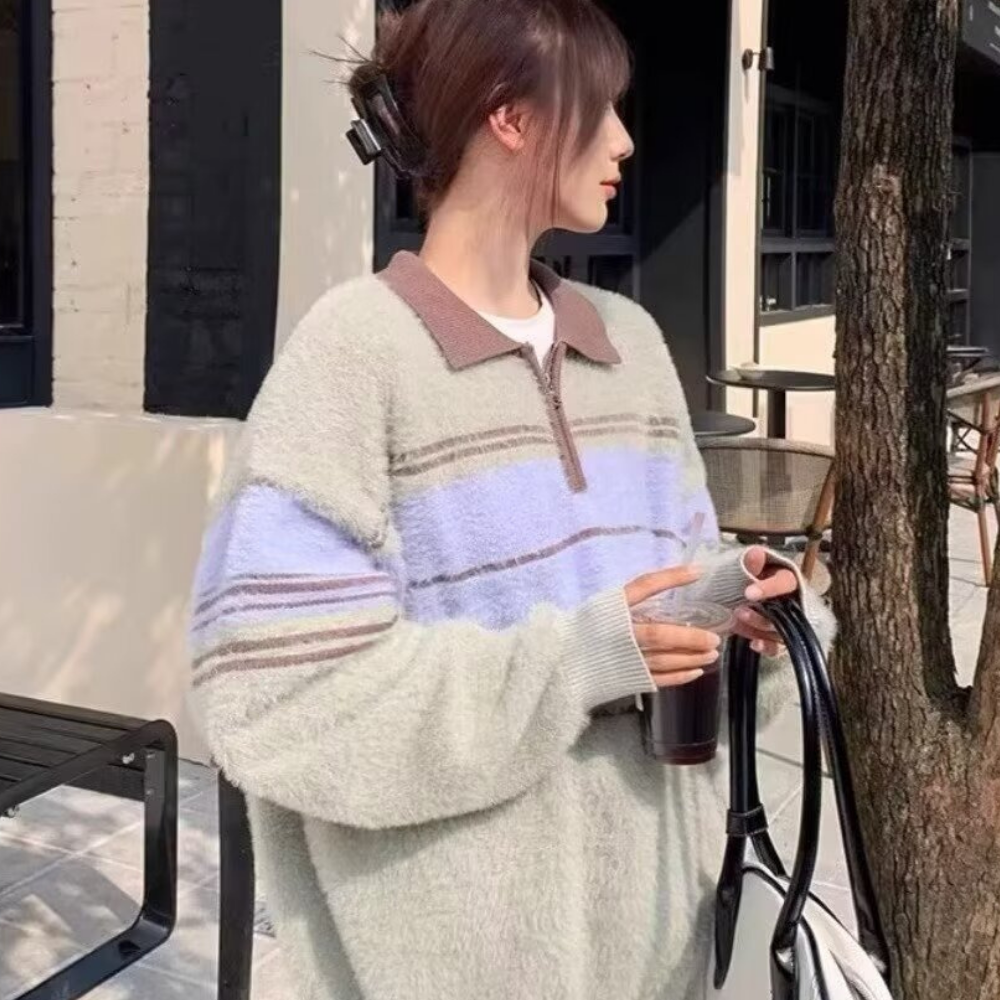 Retro Striped Colorblock Polo Sweater