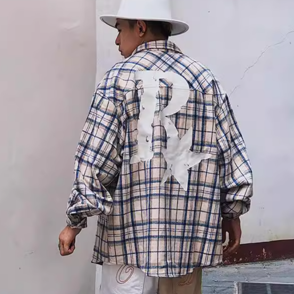 R Star Letter Print Plaid Shirt
