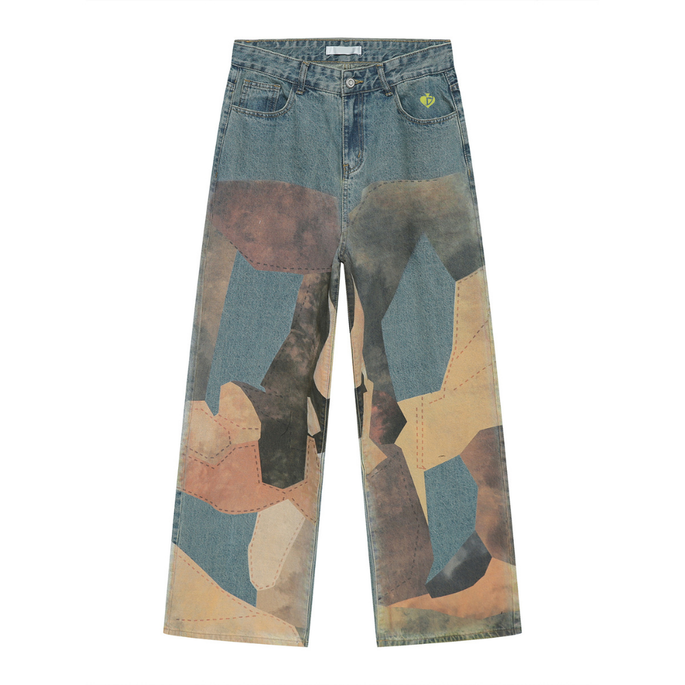DF |Digital Print Contrast Color Stitching Jeans