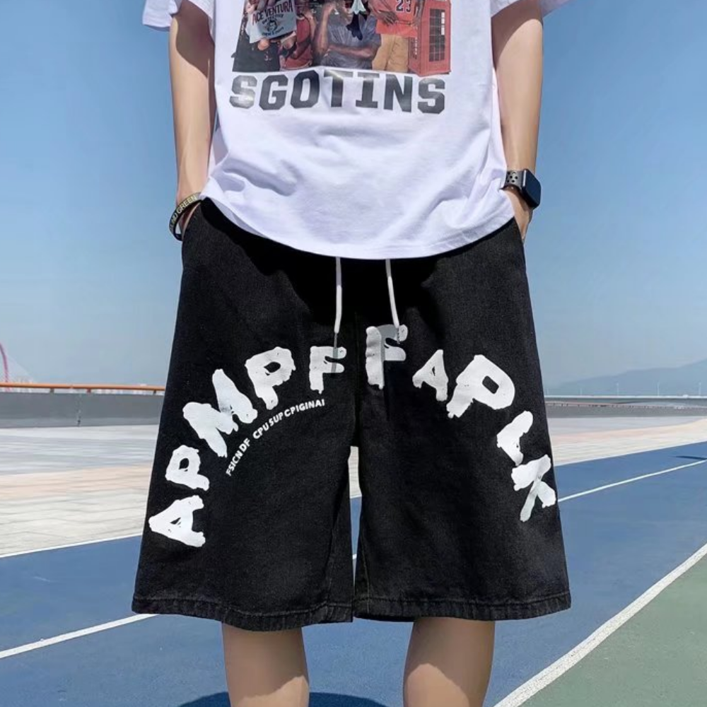 Street Loose Letter Print Denim Shorts