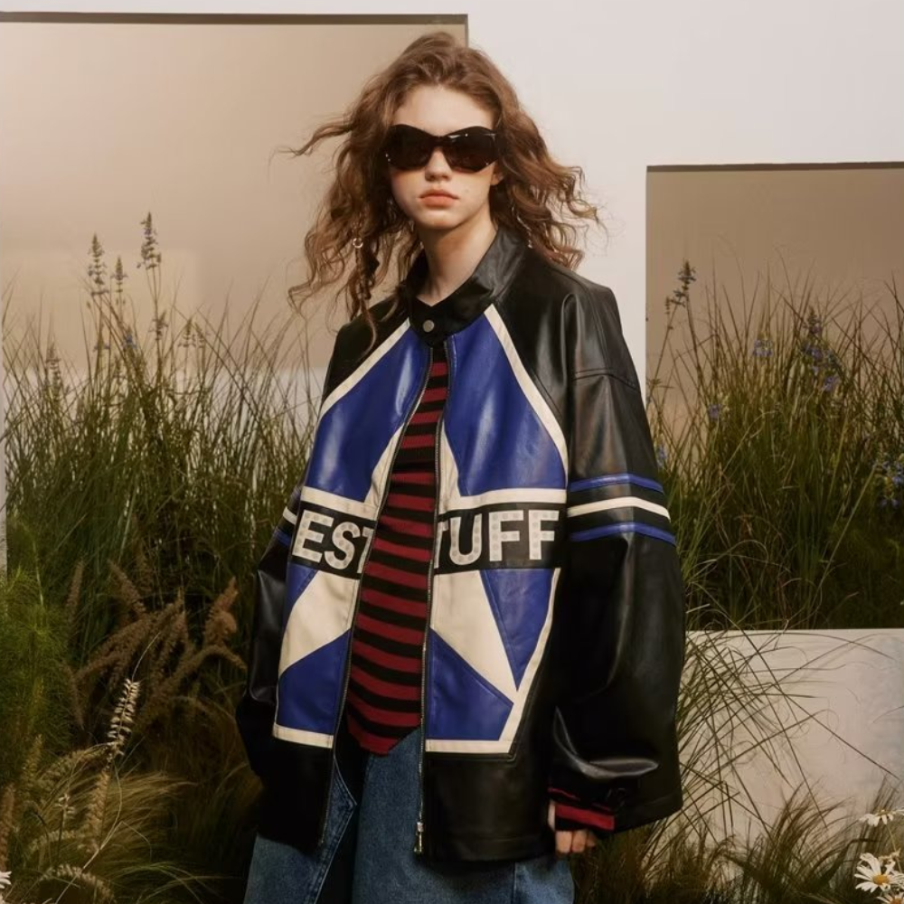 High Street Color Contrast Panel Leather Jacket