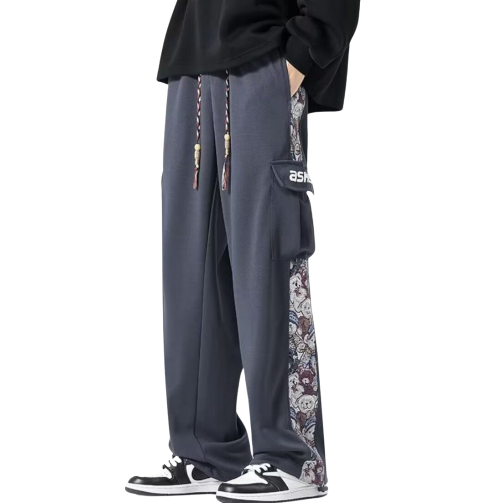 Japanese Bear Embroidered Pocket Sweatpants