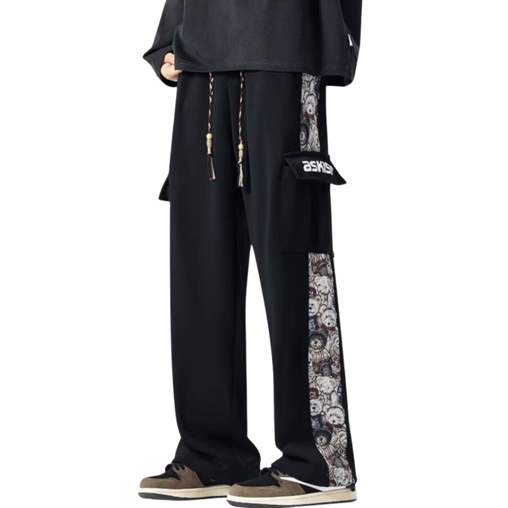 Japanese Bear Embroidered Pocket Sweatpants