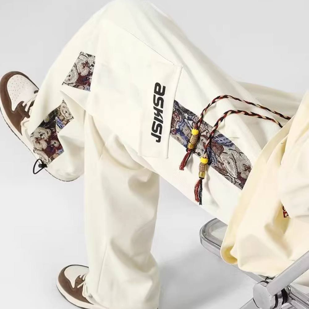 Japanese Bear Embroidered Pocket Sweatpants