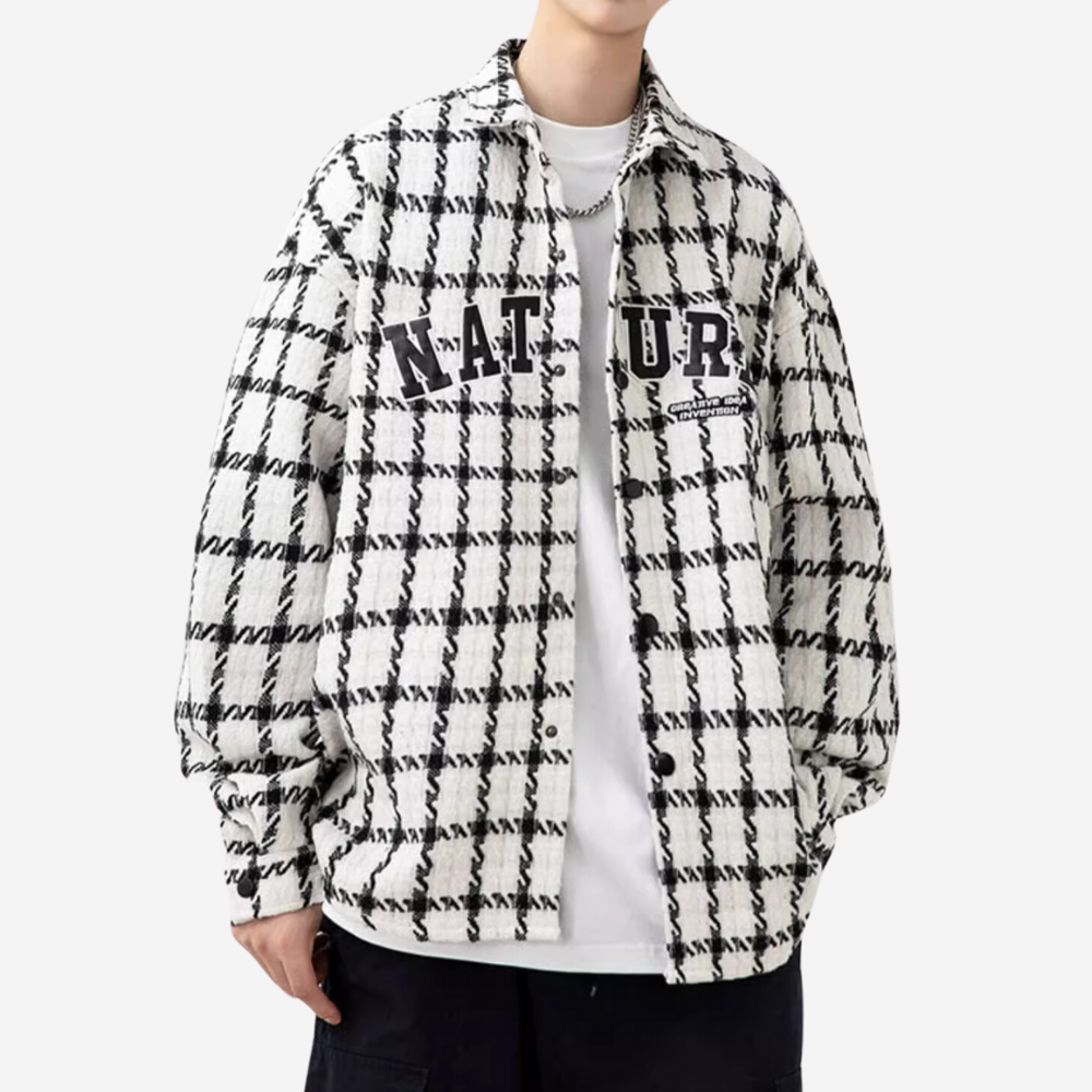 Plaid Leather Logo Embroidered Long Sleeves Shirt