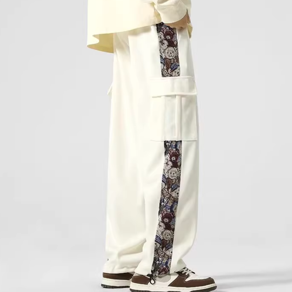 Japanese Bear Embroidered Pocket Sweatpants