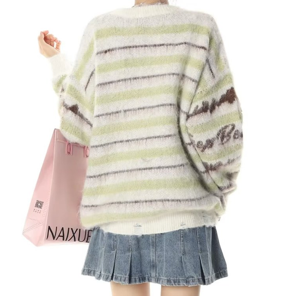 Retro Deer Plush Stripes Sweater