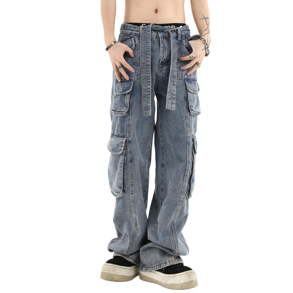 Street Multi Pocket Solid Cargo Jeans