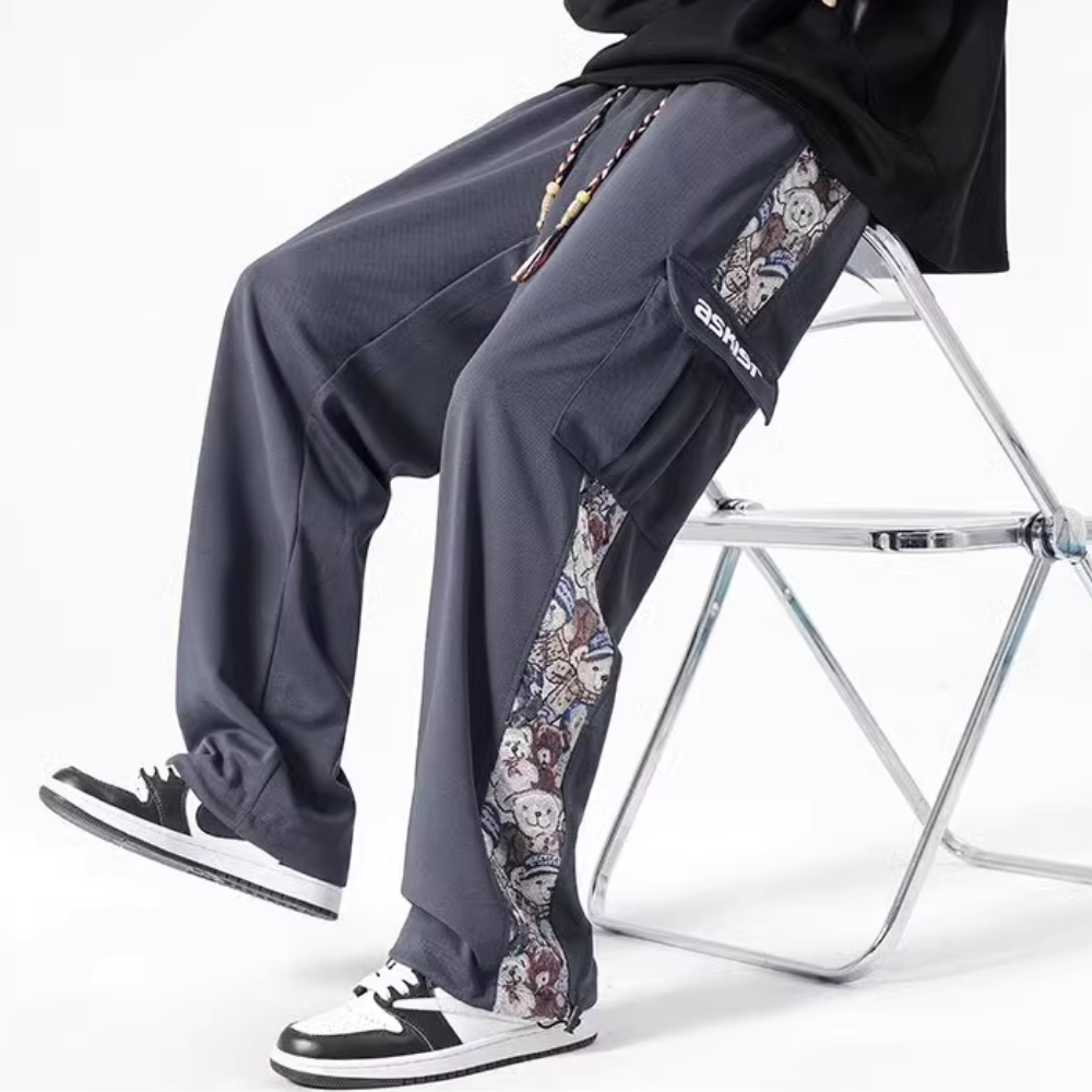 Japanese Bear Embroidered Pocket Sweatpants