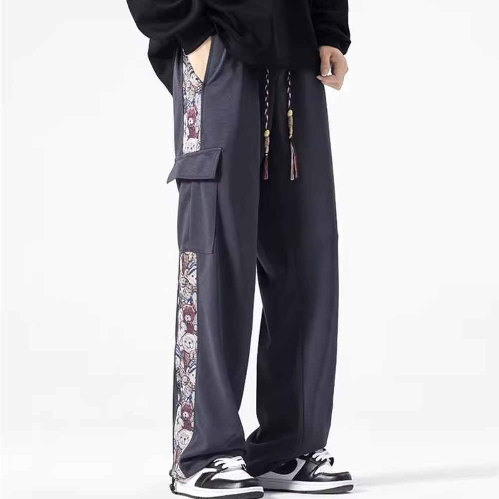Japanese Bear Embroidered Pocket Sweatpants