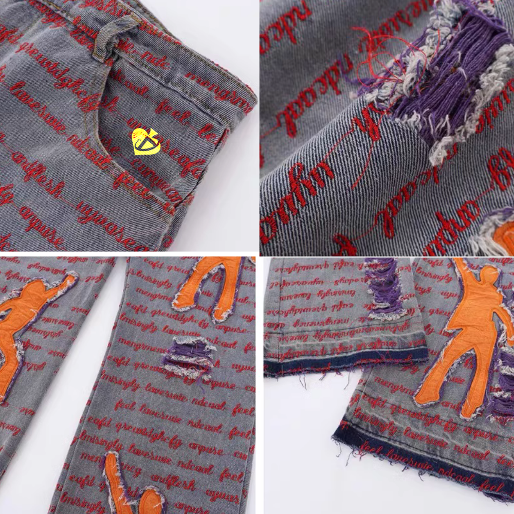 DF |Ripped Portrait Patch Embroidered Jeans